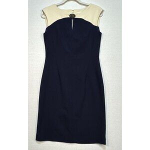 Calvin Klein Women's Sheath Career Dress Size 6 Navy Blue & Cream Gold Accent